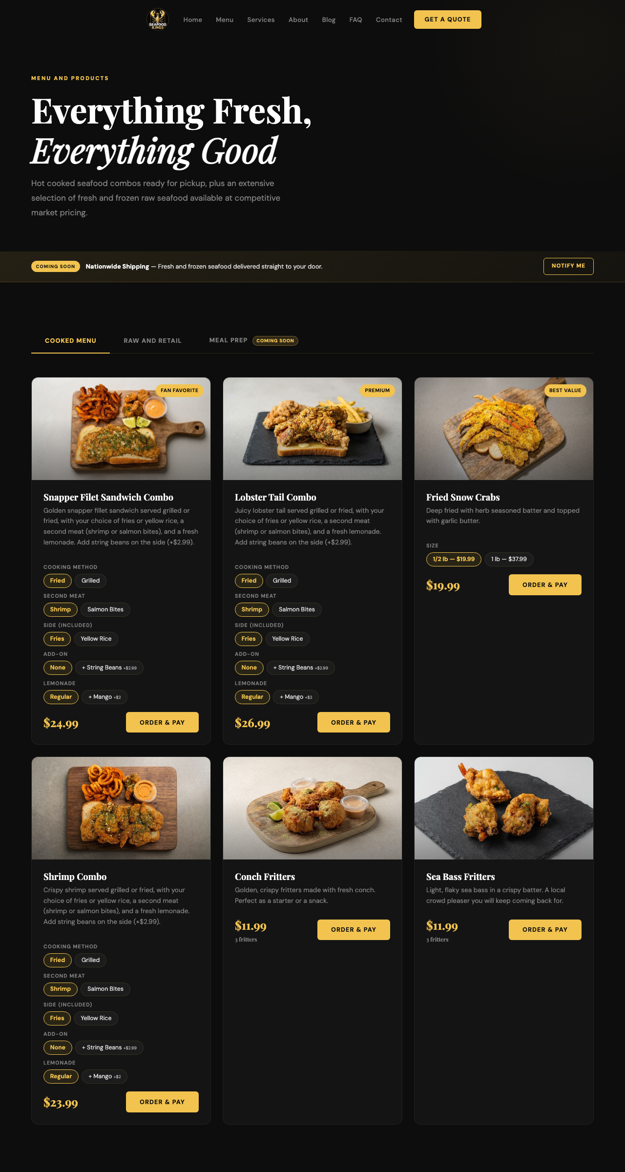 Menu and products page